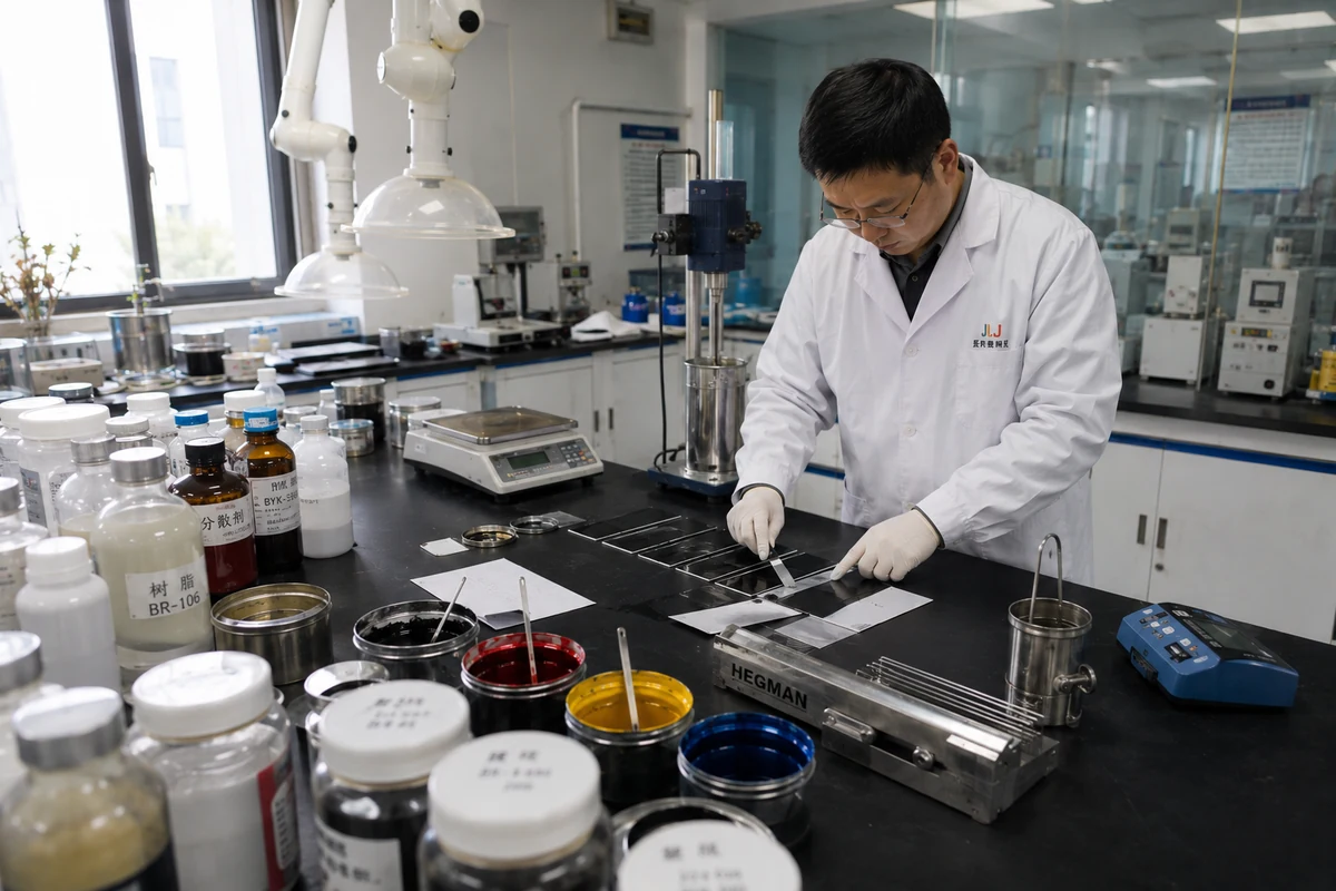 金隆基技术人员在水性材料实验室进行油墨刮样与应用测试